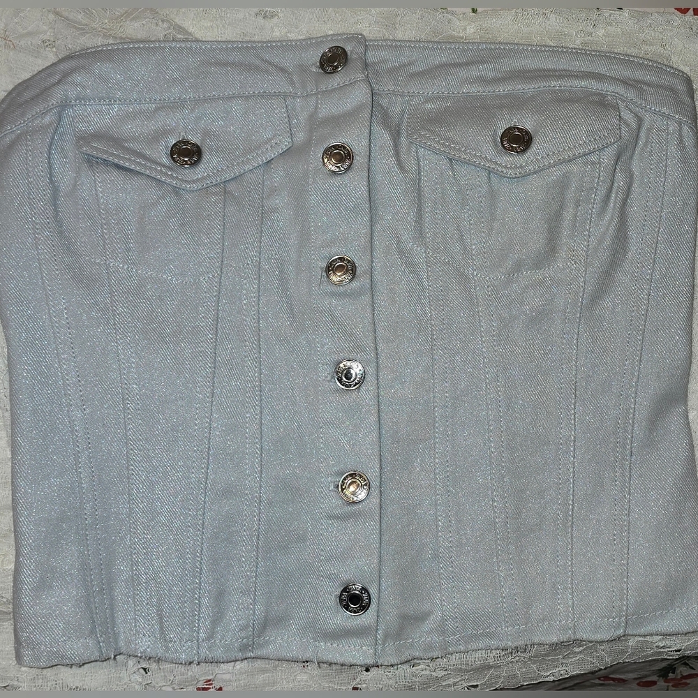Zara  Silver Denim Button-Up Corset Top